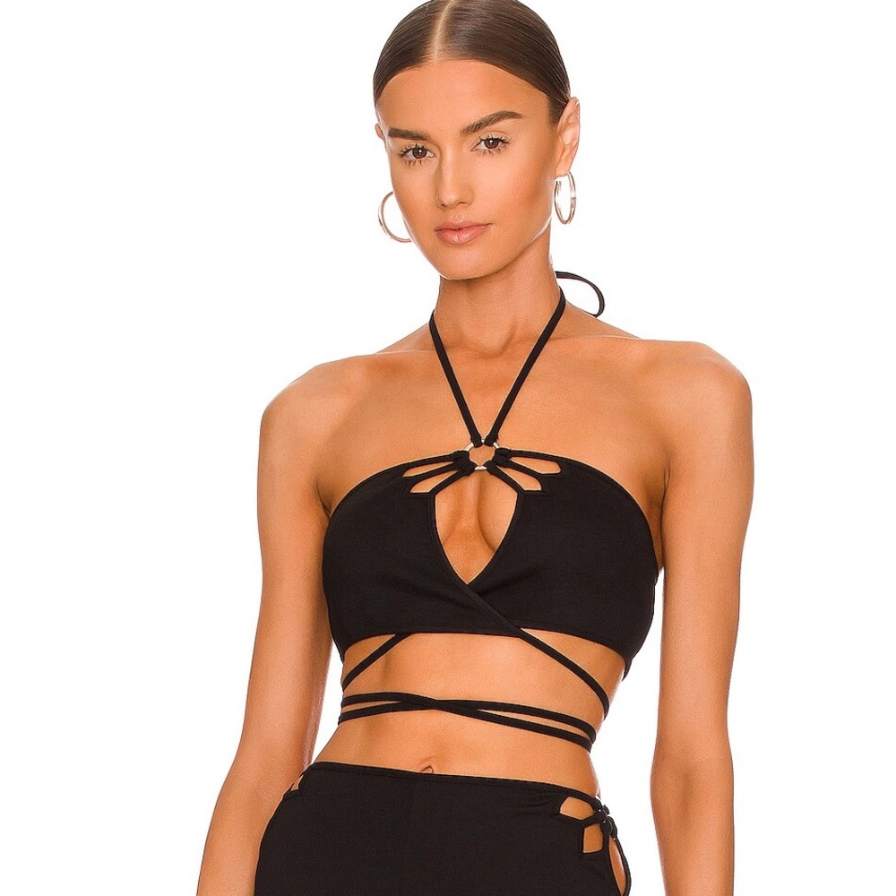 H:ours Olivia Black Halter Tie Crop Top Size Small